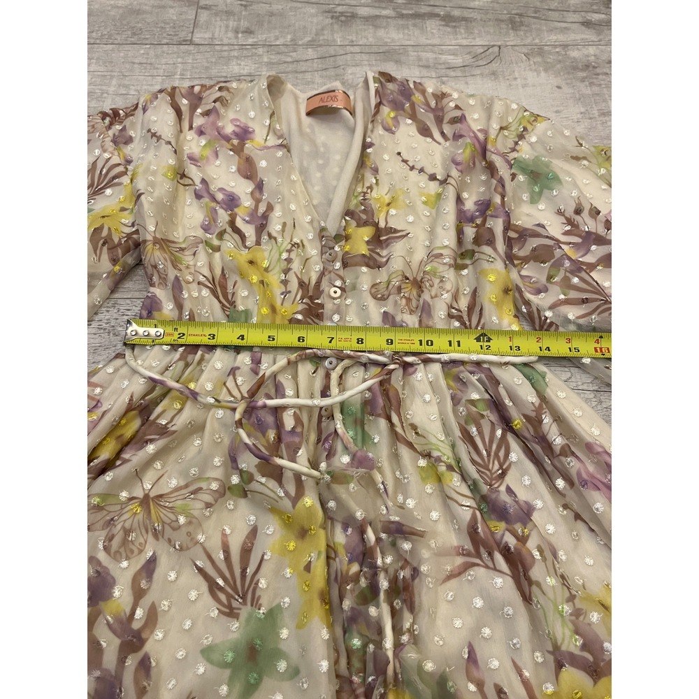 Alexis Floral Print Mini Dress Balloon Sleeve Button Front Tie‎ Waist Sheer - Picture 9 of 11